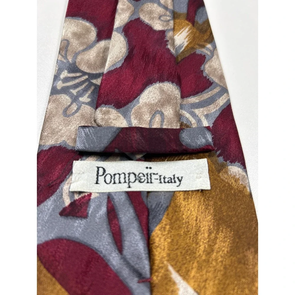 Pompeii Italy Mens Silk Tie Burgundy Gold Grey Abstract Floral Hand Made Italy